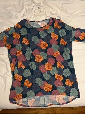 LuLaRoe IRMA Navy Tunic with Pink, Mustard & Teal Floral Print